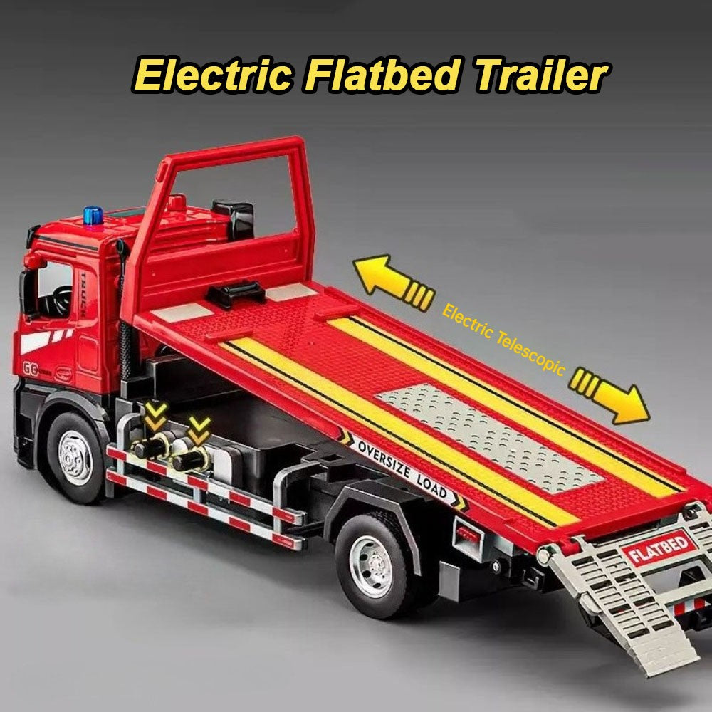 Caminhão de Bomba de Cimento com Reboque de Plataforma Elétrica 1:24, Brinquedos de Modelo, Carro de Liga Fundida, Portas Abríveis, Luz e Som, Veículo Presente para Menino