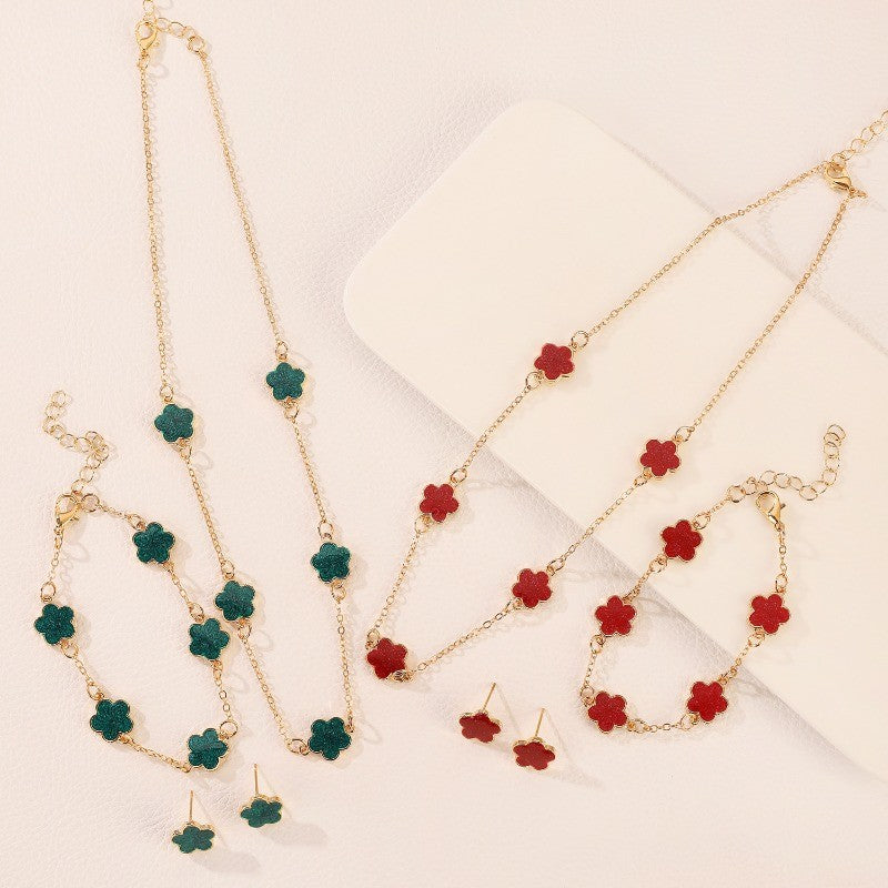 3pçs/conjunto Colar, Pulseira e Brincos de Flor de Cinco Pétalas da Sorte para Mulheres Elegante Trevo Moda Festa Joias Presentes Acessórios