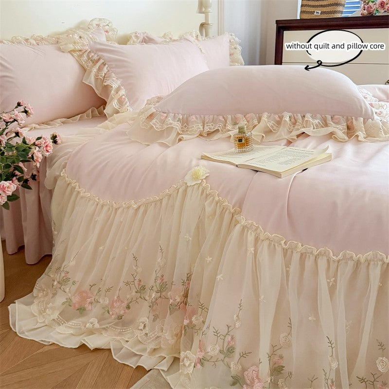 3pcs Korean style Duvet Cover Set (1*Duvet Cover + 2*Pillowcase, Without Core), Lace embroidery Bedding Set
