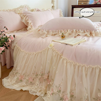 3pcs Korean style Duvet Cover Set (1*Duvet Cover + 2*Pillowcase, Without Core), Lace embroidery Bedding Set