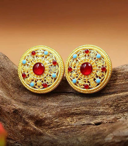 Elegant Enamel Craft Enamel Eight Treasures Compass Stud Earrings For Women 24K Gold AU999, Delicate glaze with ancient charm