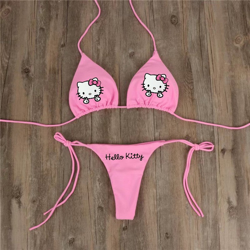 2Pcs Sexy Hot Girls Bikini Swimsuit Suit Y2K Hello Kitty Sanrios Anime Women Kitty Strap Underwear Bra Panties Beach Seaside Spa
