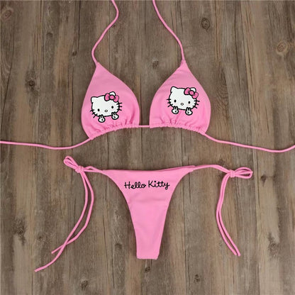 2Pcs Sexy Hot Girls Bikini Swimsuit Suit Y2K Hello Kitty Sanrios Anime Women Kitty Strap Underwear Bra Panties Beach Seaside Spa