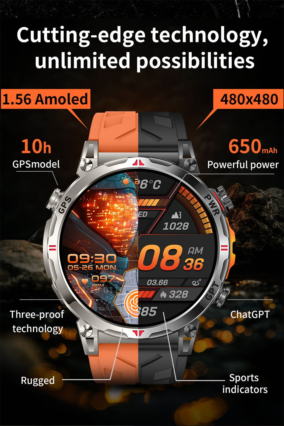 2026 Novo Smartwatch Esportivo Masculino para Áreas Externas com Voz Inteligente GPT GPS Integrado Bússola Barômetro Chamada Bluetooth Natação Impermeável