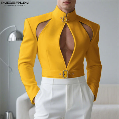 INCERUN Men Blazer Solid Stand Collar Long Sleeve Hollow Out Male Suit Streetwear Personality Fashion Casual Blazer With Belt