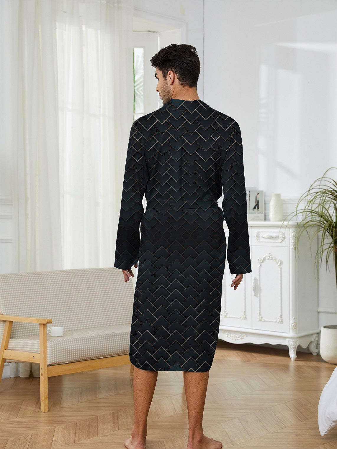 2025 Men's Sleeping Robe Ice Silk Thin Style High End Simple Sleepwear Summer Medium Long Sleeve Bathrobe