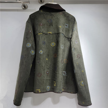 SuperAen Heavy Industry Embroidery Brown Suede Jacket Women's 2025 Autumn New High-end Retro Casual Jacket