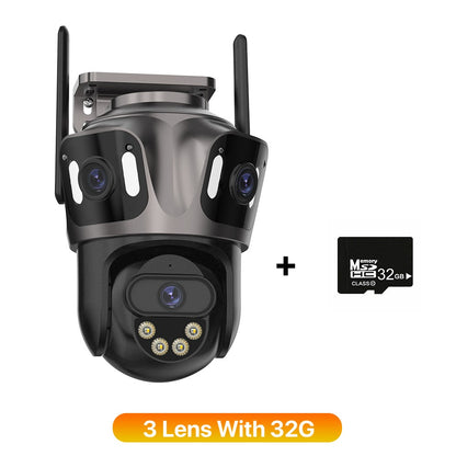 Câmera IP WIFI de Três Telas Externa 4K Lente Dupla Câmera PTZ Detecção Humana por IA Câmera de Segurança de Vídeo CCTV IP66 à Prova D'água iCsee