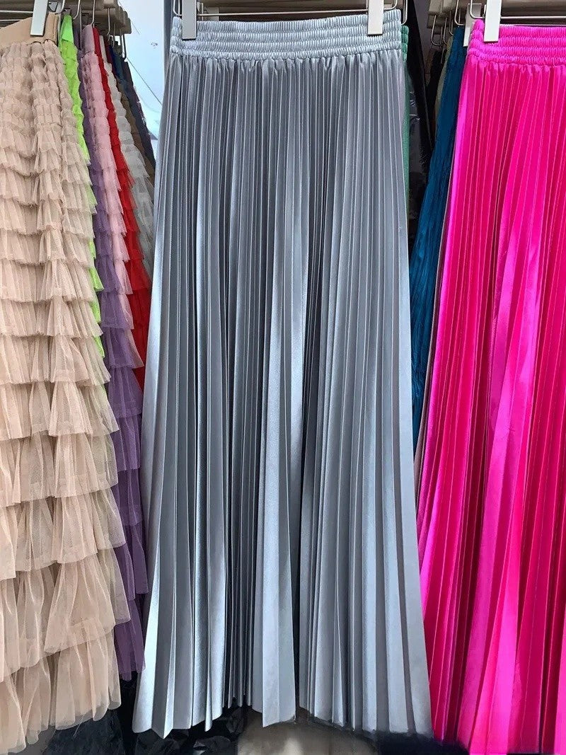 High Waist Satin Pleated Skirt 1 Meter Long Floor Length Pearl Glitter A- Line Umbrella Half Body Skirts Polyester Fiber