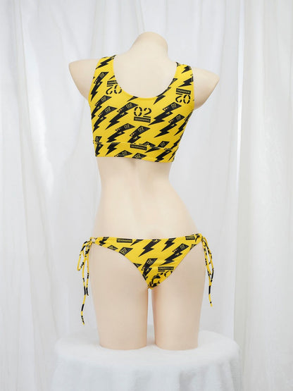 Anime Beach Girl Red Lip And Yellow Danger Warning Line Uniform Printing Bikini Swimsuit Underwear Women Outfits Cosplay Costume