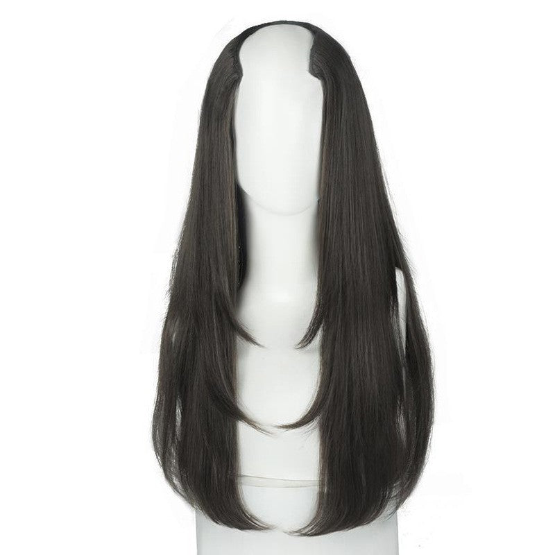 Peruca feminina com botão interno de peça única, cabelo encaracolado longo em camadas, aplique em V