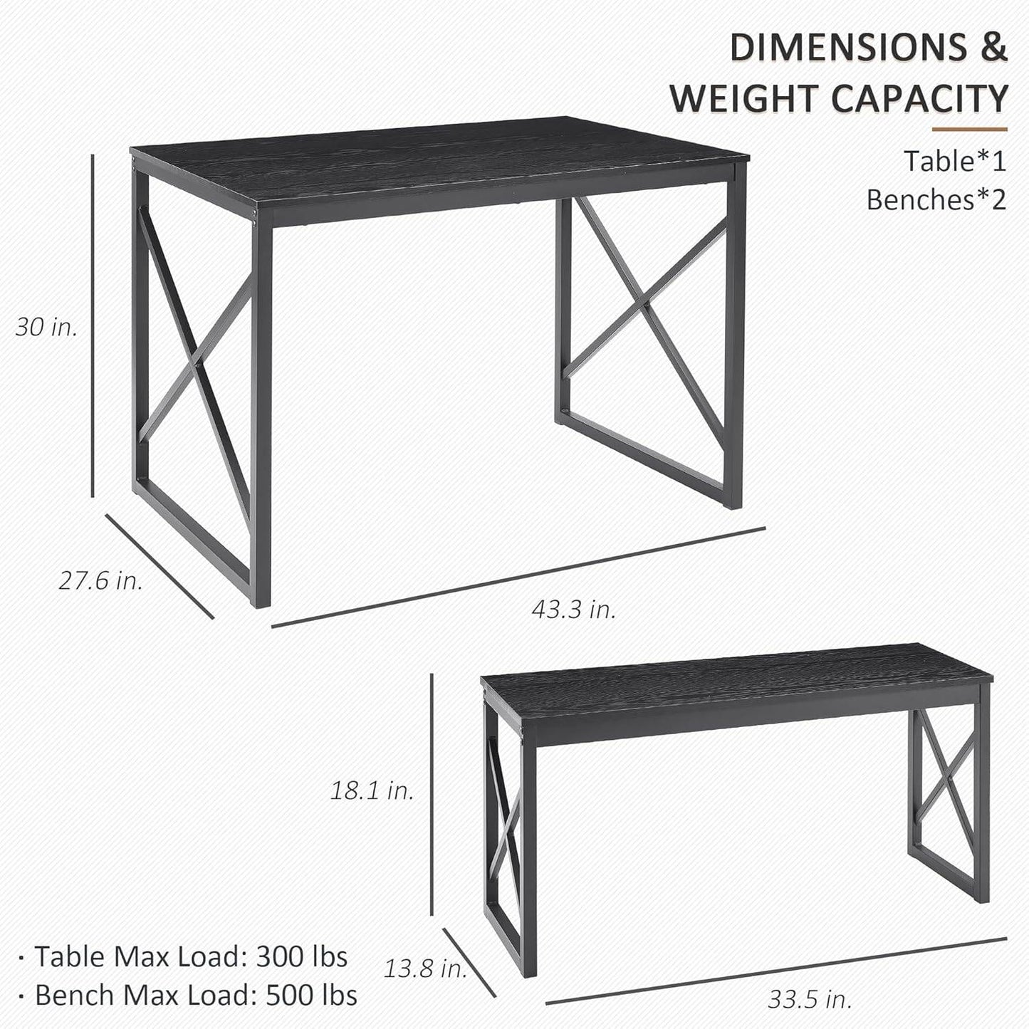Wooden Kitchen Table Set with Metal Frame and 2 Benches for 4 People, Dining Set for Breakfast Nook and Small Spaces