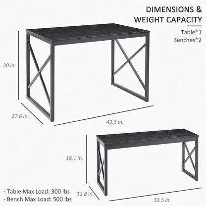 Wooden Kitchen Table Set with Metal Frame and 2 Benches for 4 People, Dining Set for Breakfast Nook and Small Spaces