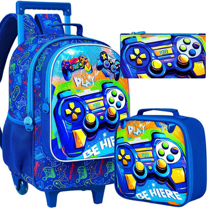 Mochila de Rodinhas 3 Peças para Meninos, Mochila Escolar com Rodinhas para Crianças, Mochila Escolar com Rodinhas Gamer para Pré-escola e Ensino Fundamental