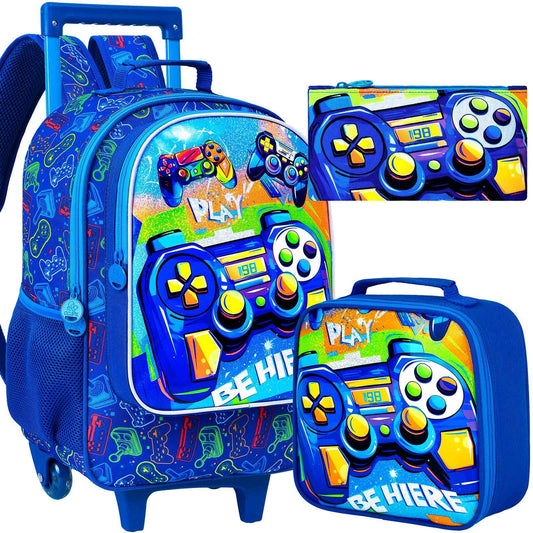 3PCS Rolling Backpack for Boys, Kids Roller Bookbag with Wheels, Gamer Wheeled School Backpack for Elementary Preschool Kinderga