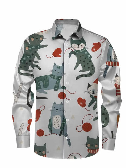 Christmas Men's 3D Printed Formal Shirt Santa Claus Elk Pattern Long Sleeve Shirt Fashion Men's Shirt