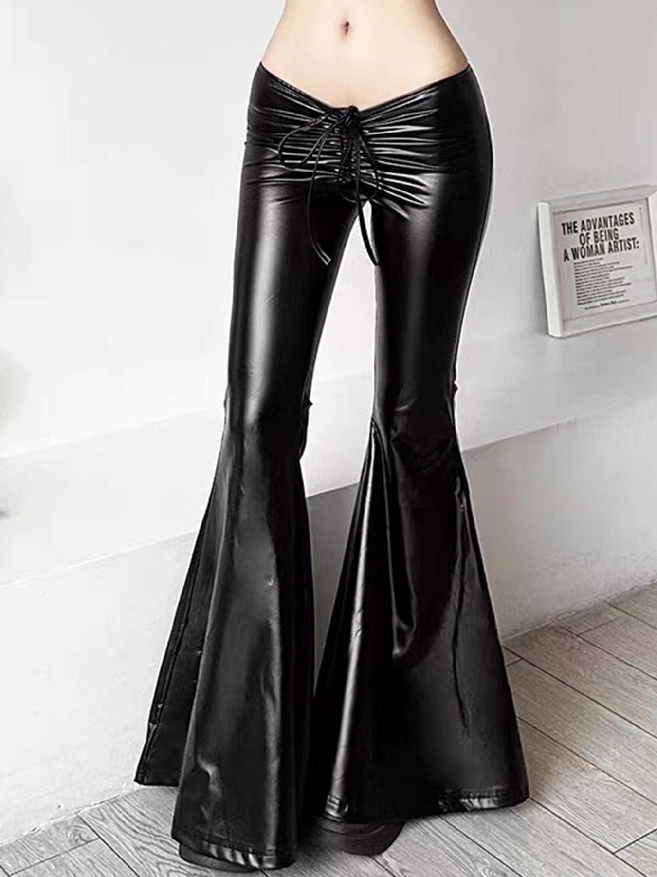 New Personality Drawstring Folding Bow PU Leather Flare Pants Europe And The United States Sexy Low Waist Solid Color Pants
