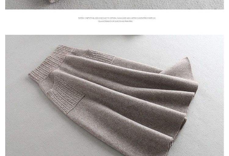 Autumn Winter Women's Mid-Length Knitted Pleated Skirt High Waist A-Line Long Skirt Loose Fuzzy Wool Skirt Double ket