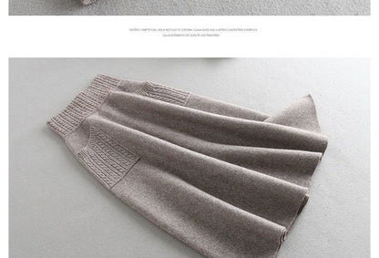 Autumn Winter Women's Mid-Length Knitted Pleated Skirt High Waist A-Line Long Skirt Loose Fuzzy Wool Skirt Double ket