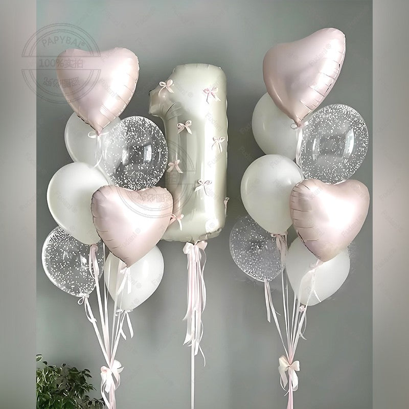 32inch Pink Bows Number Balloons Cream White Beige Number Foil Balloons Pink Bows For Birthday Coquette Themed Party Decor