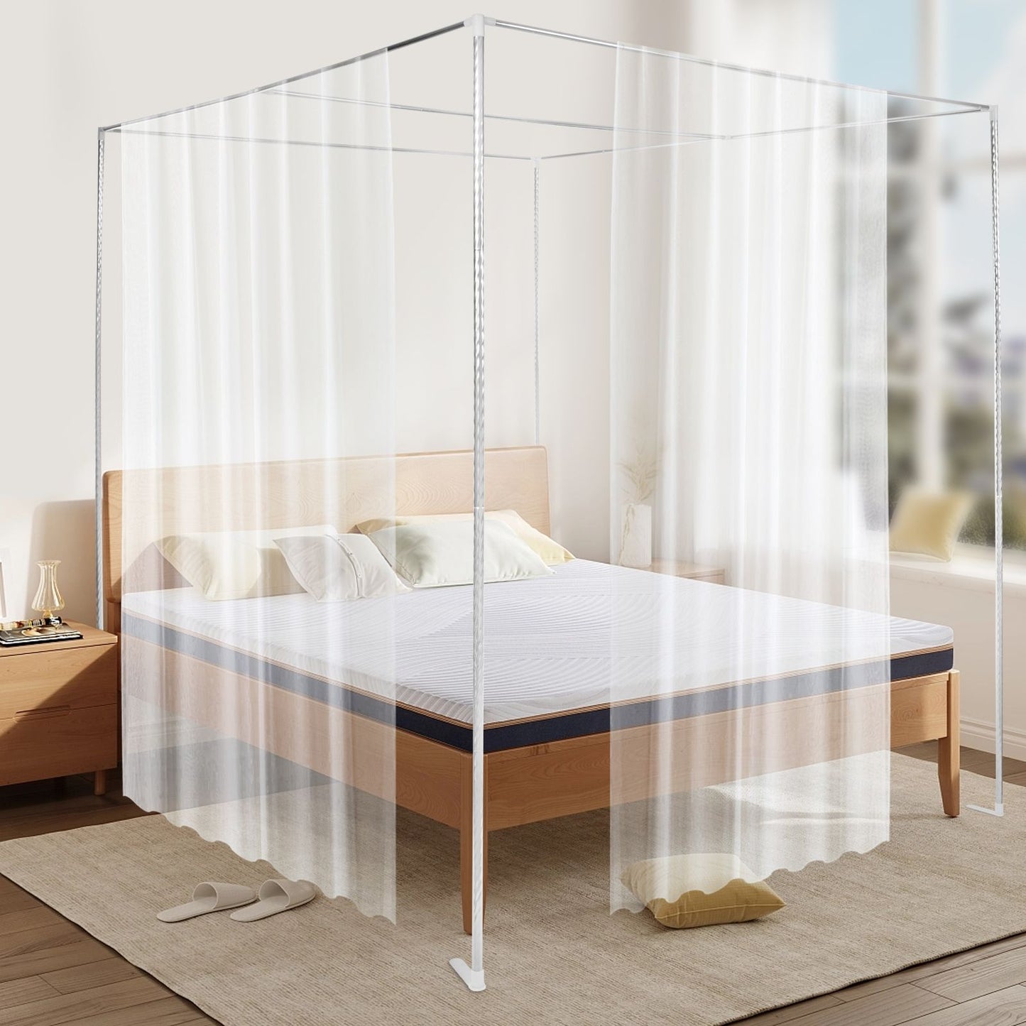 Detachable Mosquito Net Frame?Silver Rust-proof Stainless Steel Bedding Canopy Frame?for 4 Corner Bed for Twin/Full Size Bed