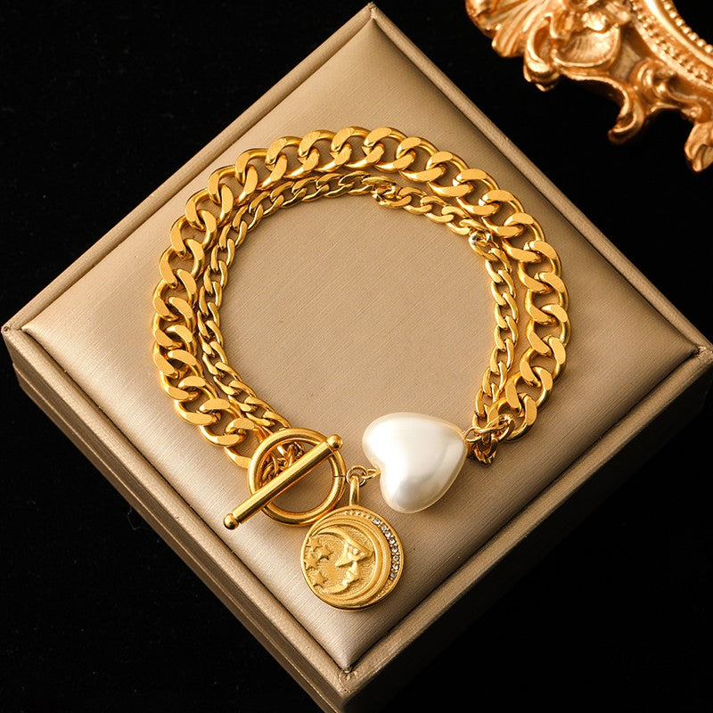 EILIECK Pulseira Feminina de Aço Inoxidável 316L Dourada com Estrela-do-mar, Lua e Estrela, Joia da Moda, Presente para Festa
