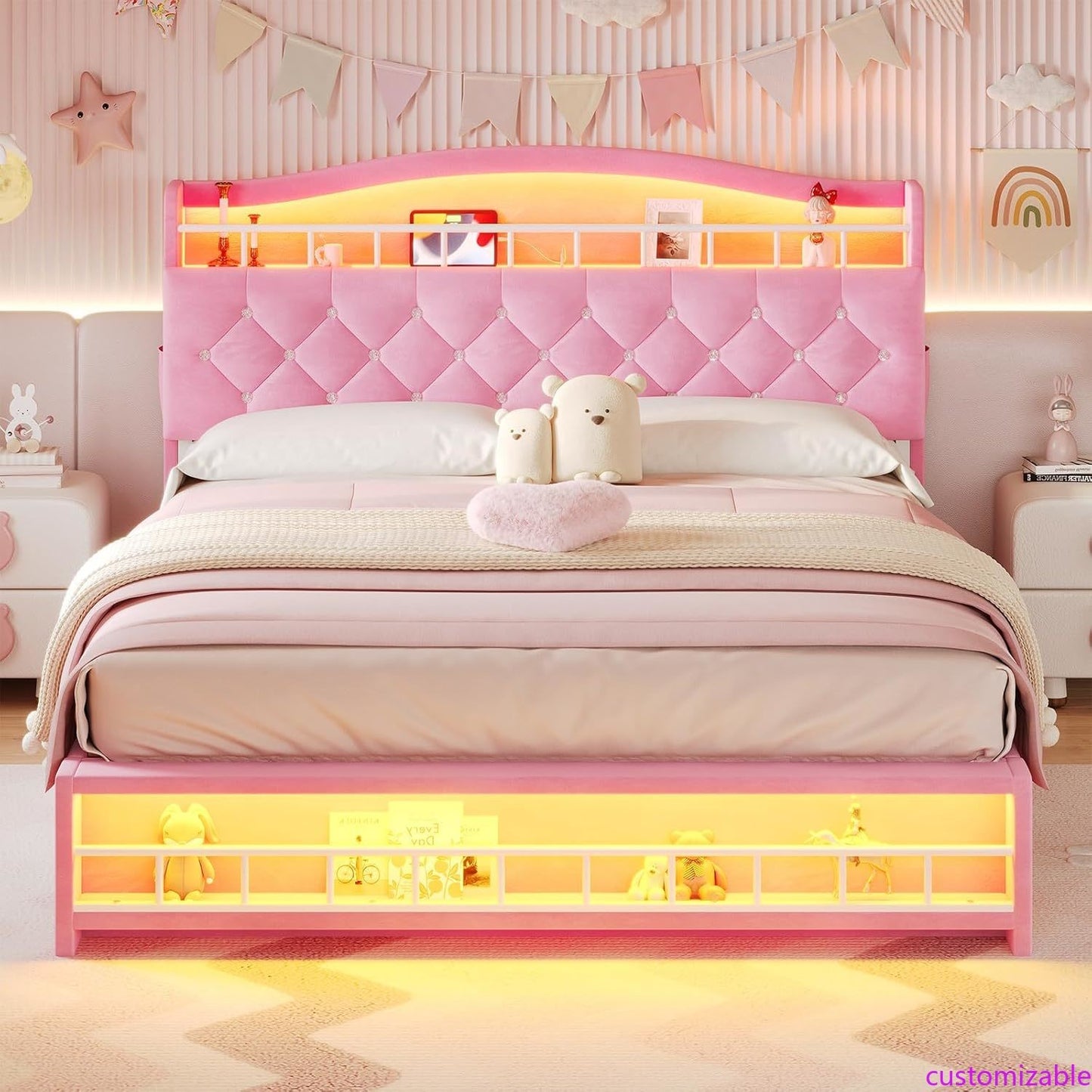 Nova Cama Queen Size Menina com Luzes de LED e Estação de Carregamento, Estrutura de Cama Queen Size de Princesa com Cabeceira com Armazenamento Oculto