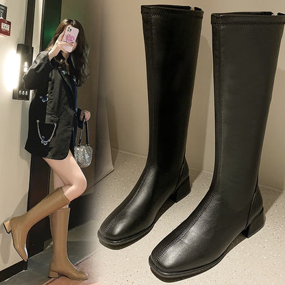 Women Black High Heel Long Boots Fashion Spring Autumn Warm Knee High Boots Soft Leather Thigh High Boots Shoes Zipper