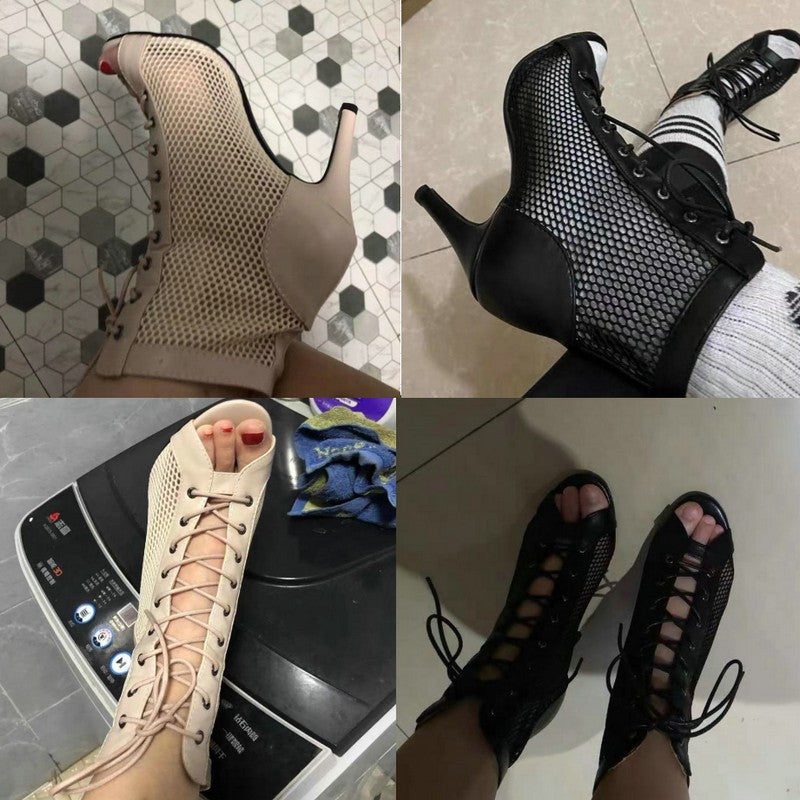 Novas Sandálias Femininas de Salto Alto Sexy Vazadas em Tela Tendência da Moda Verão Conforto Peep Toe Botas Stilettos Jazz Dance Tamanhos Grandes