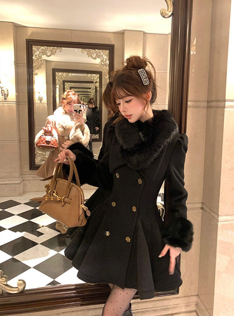 Vintage Black Wool Blends Coats Women Elegant Faux Collar Woolen Jacket Korean Long Sleeve Outerwears Winter Design Overcoat New