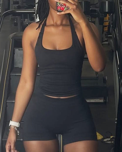 Gym Top Women Clothes Strappy Workout Tank Top Padded Sports Bra Backless Yoga Shirts Seamless Gym Crop Top Halter Fitness Vest