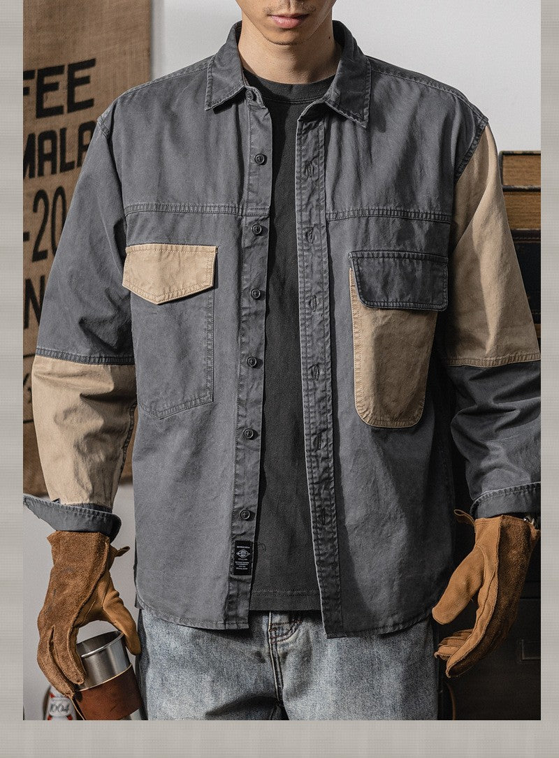 Spring and autumn new American vintage khaki loose long-sleeved shirt Japanese casual cargo shirt men's patchwork trend top