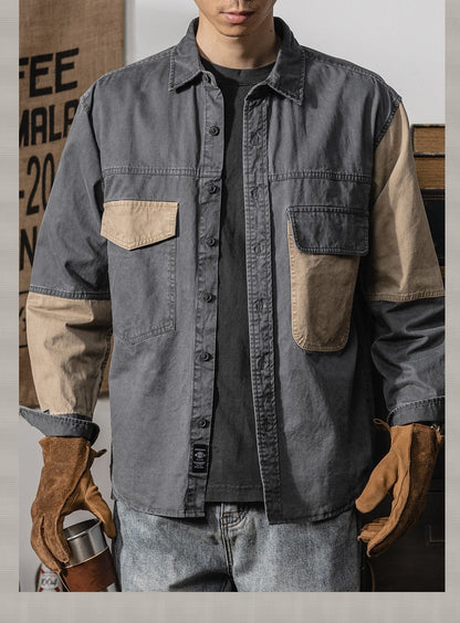 Spring and autumn new American vintage khaki loose long-sleeved shirt Japanese casual cargo shirt men's patchwork trend top