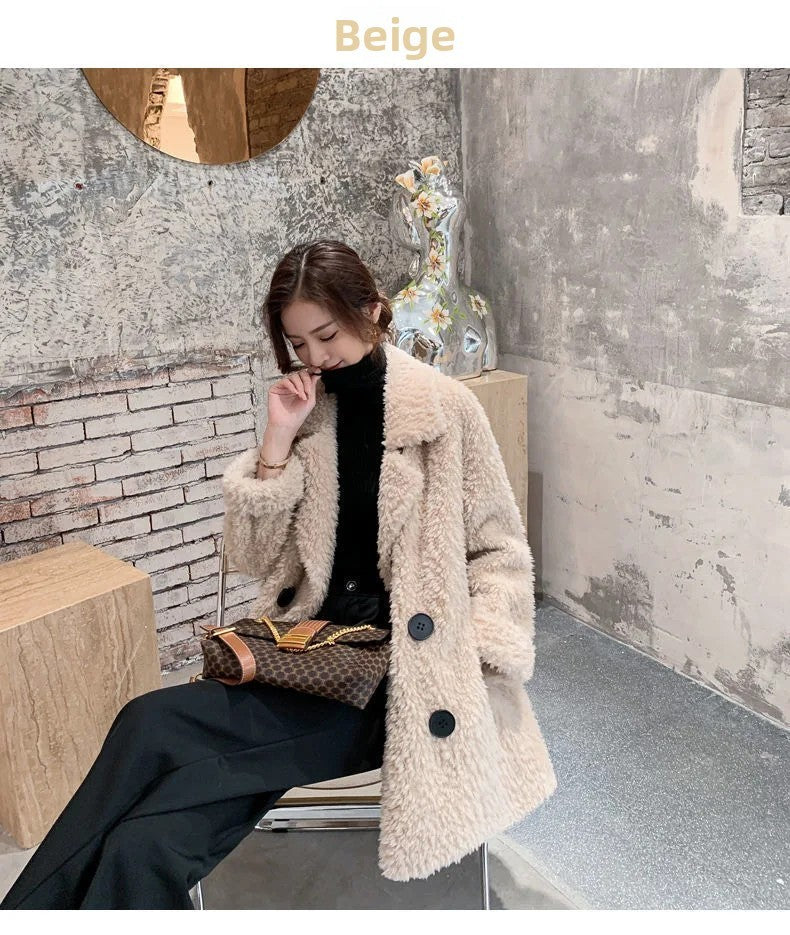 Thickened Lamb Velvet Jacket Women's Mid-Length Loose Slimming Fur Particle Velvet Coat Polyester Fiber Full Sleeve Long Coat