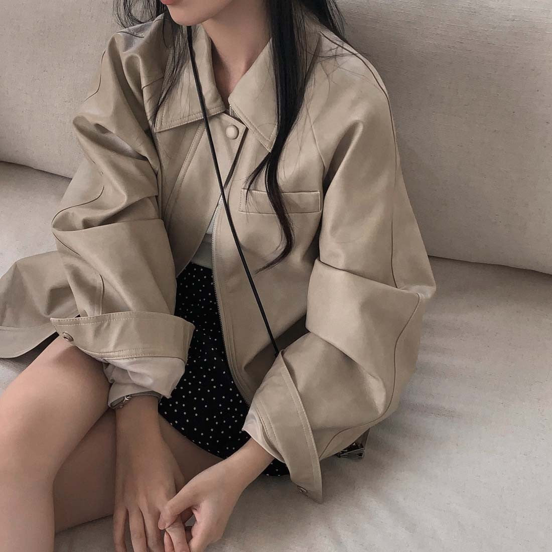 Sli Loose PU Leather Jaet Women's Chic Retro Collar Versatile BF Sle Motorcycle Clothes Trendy Long Sve Zipper