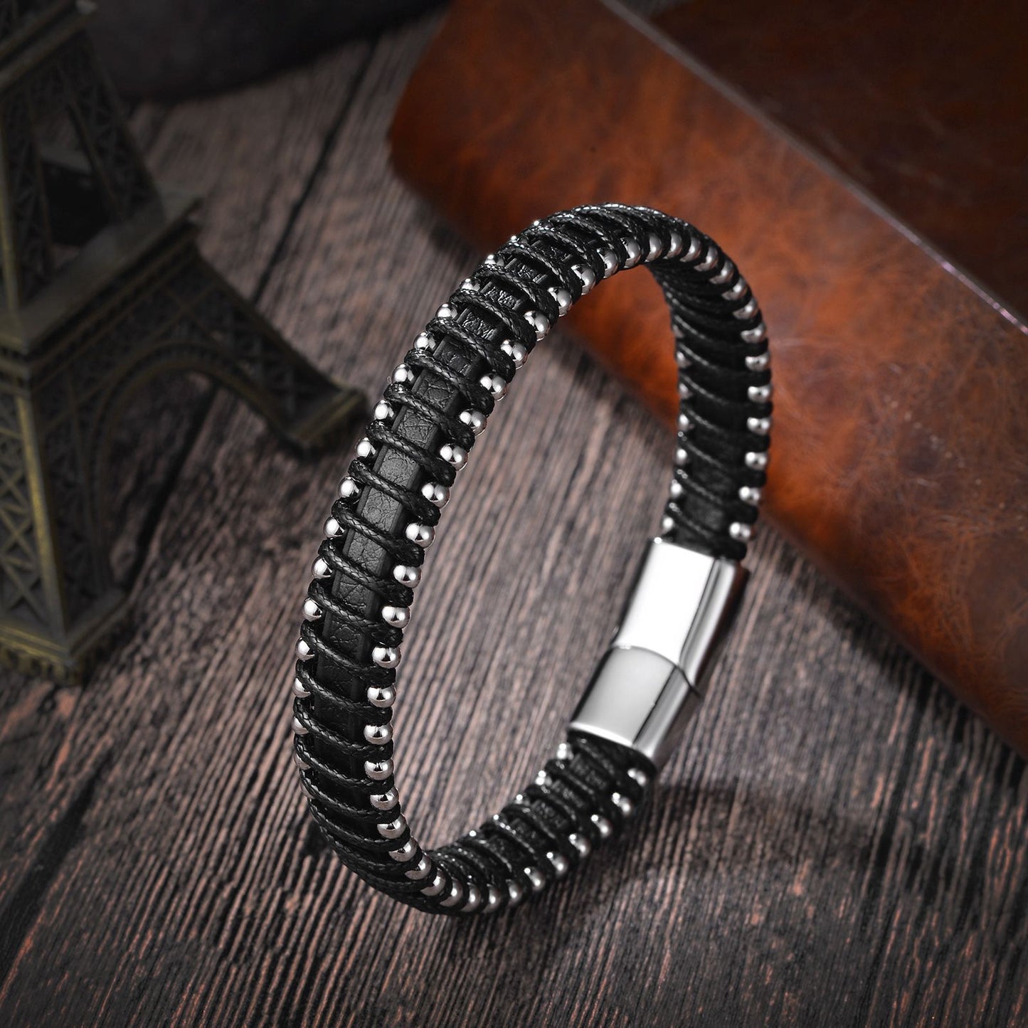 Pulseira de Couro Masculina, Formato Infinito, Padrão Popular, Joias de Aço Inoxidável, Acessórios, Presente