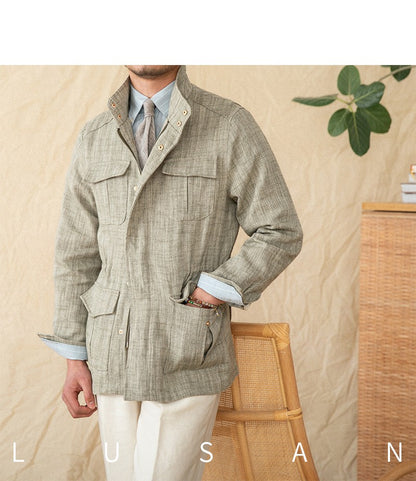 Cotton and Linen Vertical Collar Tight Waist M65 Hunting Jacket Retro All-match Spring and Summer Lightweight Casual Jacket