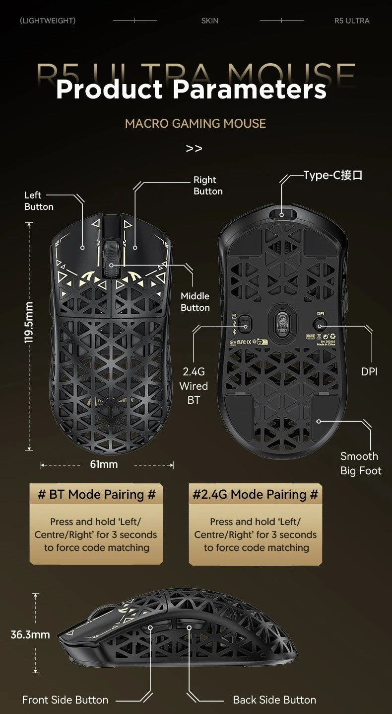 ATTACK SHARK R5 Ultra Wireless Gaming Mouse 39g Lightweight Carbon Fiber 8K Polling PAW3950MAX 42000 DPI Tri-Mode Esports Mouse