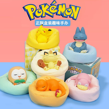 POKEMON Original Posição de Dormir Pikachu Charmander Slowpoke Meowth Rowlet Figuras Boneco de Ação Genuíno Brinquedo Presente