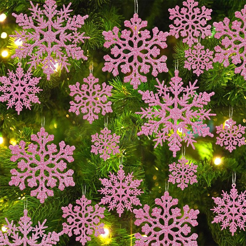12PCS Pink Glitter Plastic Snowflake Decorations 10cm Christmas Tree Hollow Snowflake Pendants New Year Party Festival Supplies