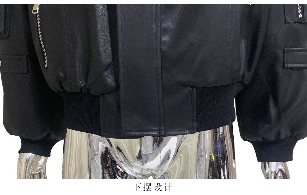 Mauroicardi Autumn Winter Short Oversized Black Warm Pu Leather Jacket Men with Faux Fur Trim Hood Loose Casual Korean Fashion