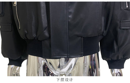 Mauroicardi Autumn Winter Short Oversized Black Warm Pu Leather Jacket Men with Faux Fur Trim Hood Loose Casual Korean Fashion