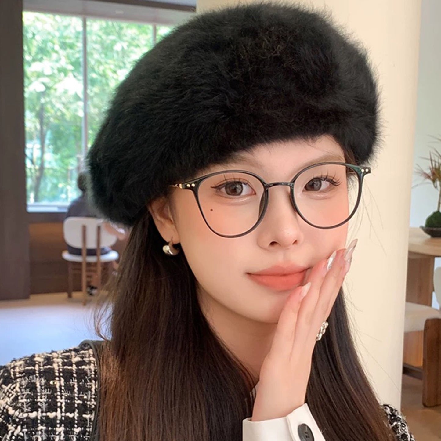 Sweet Faux Rabbit Fur Beret Hat Women Autumn Winter Thicken Keep Warm Furry Flush Artist Flat Cap Solid Color Painter Hats