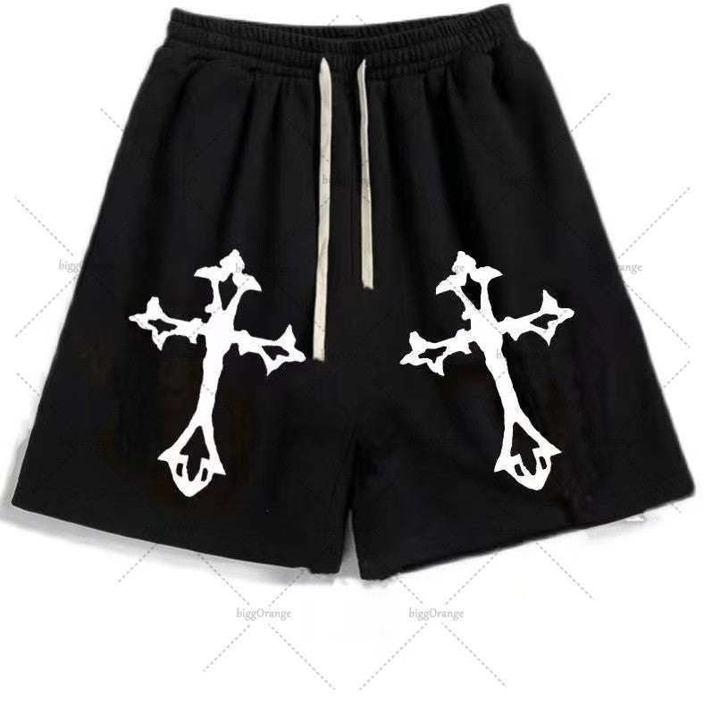 Street Hip-hop Cross Design Pattern Loose Casual Shorts Men American Y2K Harajuku Oversized Fashion Versatile Mid-pants Women