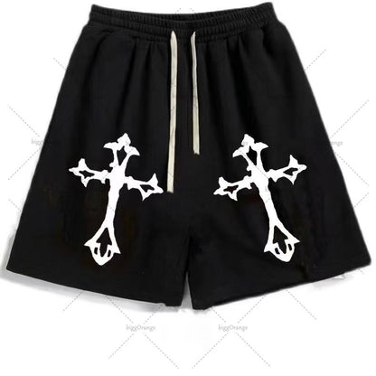 Street Hip-hop Cross Design Pattern Loose Casual Shorts Men American Y2K Harajuku Oversized Fashion Versatile Mid-pants Women