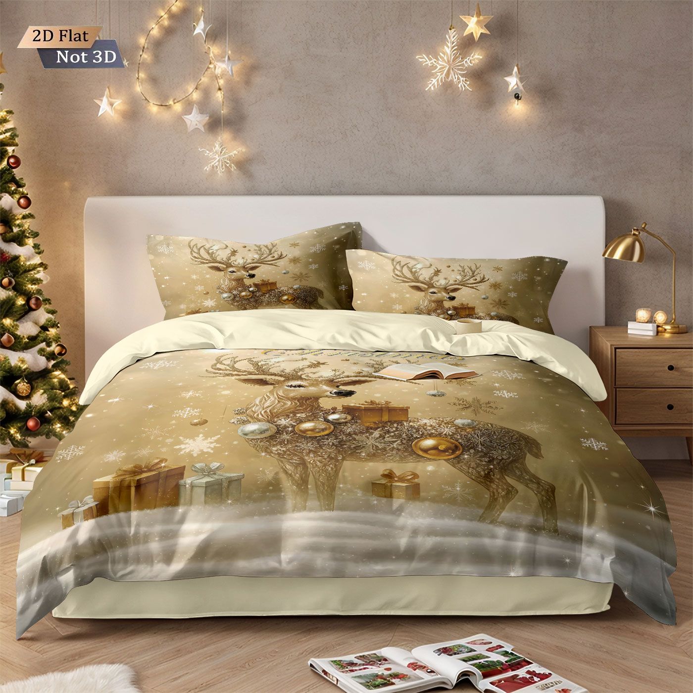 Conjunto de edredom sem enchimento 3 peças com estampa de cervo dourado de Natal, vários tamanhos, roupa de cama para quarto, decoração de feriado, macio e lavável à máquina