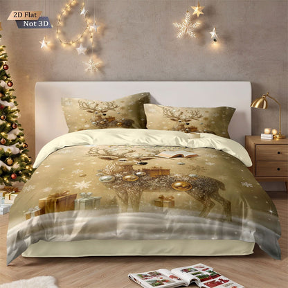 Conjunto de edredom sem enchimento 3 peças com estampa de cervo dourado de Natal, vários tamanhos, roupa de cama para quarto, decoração de feriado, macio e lavável à máquina