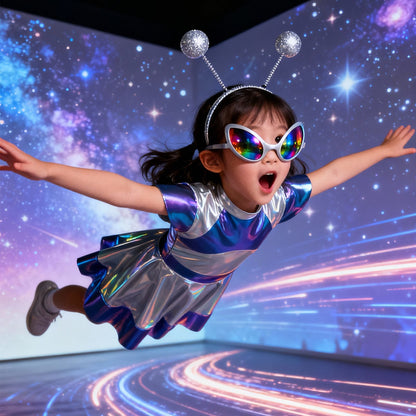 Toddler Baby Girls Alien Costume Dress Kids Shiny Metallic Space Themed Party Dress with Headband Glasses for Halloween Cosplay
