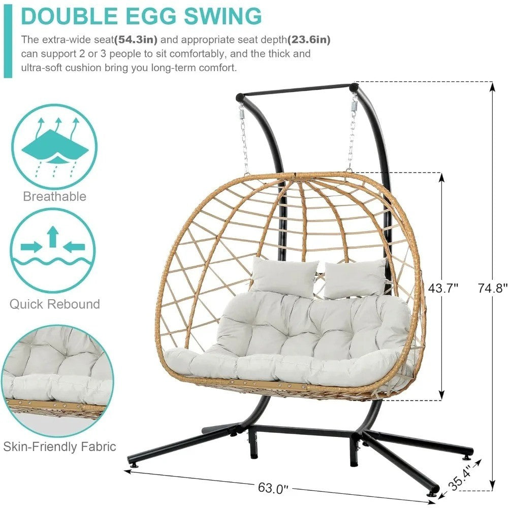 Double Egg Swing Chair with Stand, 2 Person Outdoor Indoor Hammock Hanging Chair with Cushion for Patio Living Room 550 LBS