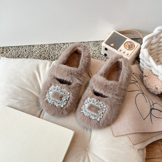 2025 Autumn Winter Children Warm Fur Shoes Fashion Rhinestone Moccasins Flats Outwear Girls Shoes Khaki, Beige, White